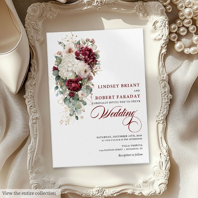 Convites Convocação Floral Branca de Chic Boho Burgundy (Chic Boho Burgundy White Floral Wedding Invitation)