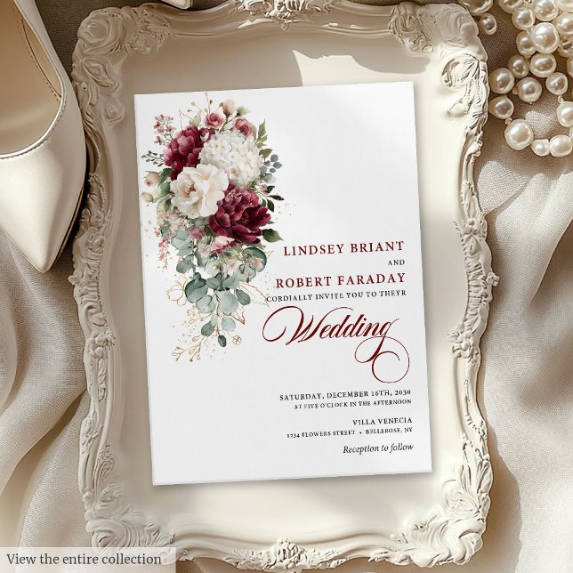 Convites Convocação Floral Branca de Chic Boho Burgundy (Chic Boho Burgundy White Floral Wedding Invitation)