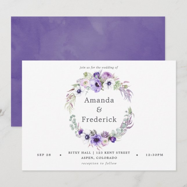 Convites Convocação Floral de Casamento Violeta Dusty (Frente/Verso)