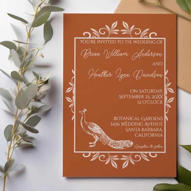 Convites Convocação para Casamento de Fardo de Peacock (Burnt Orange Peacock Flourish Wedding Invitation)