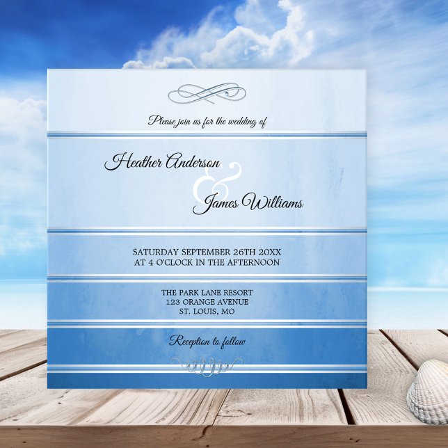 Convites Convocação para Casamento de Tons sur Ton Ton Azul (Chic wedding invitation featuring a striped design with watercolor effects in tone on tone blue)