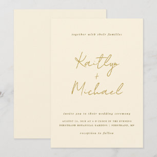 Convites Convocação para Casamento Dourado e Creme Manuscri