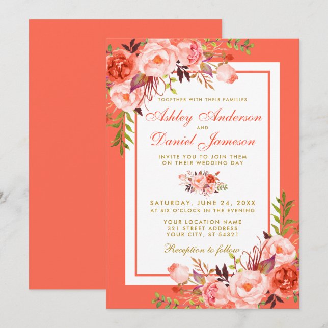 Convites Convocação para Casamento Floral de Coral Moderno (Frente/Verso)