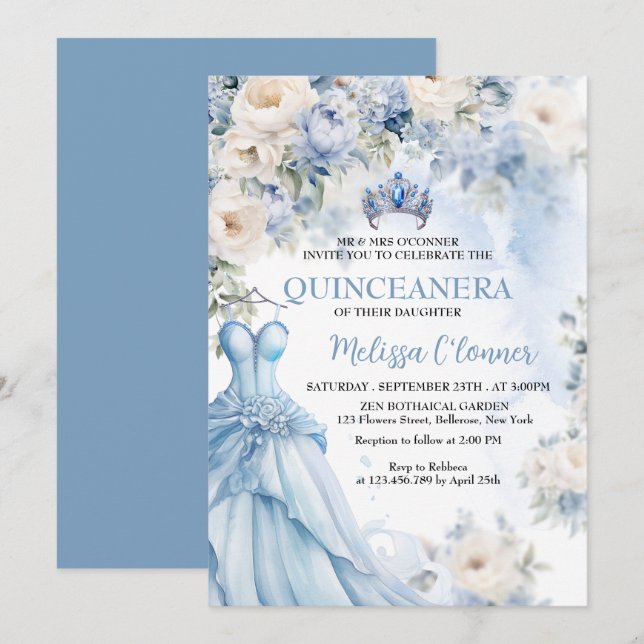 Convites Convocação para Casamento Floral de Dusty Blue Ivo (Frente/Verso)