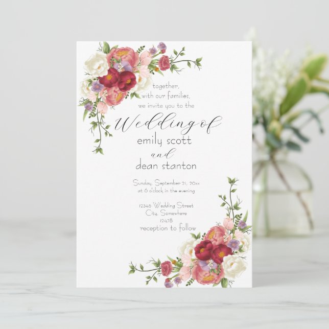 Convites Convocação para Casamento Floral Neutral Boho (Em pé/Frente)