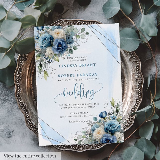 Convites Convocação para Casamento Floral Rustic Dusty Blue (Rustic Dusty Blue Silver Floral Wedding Invitation)