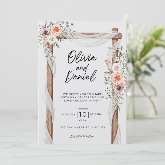 Convites Convocação para Casamento Floral Rustic Neutral Bo (Em pé/Frente)