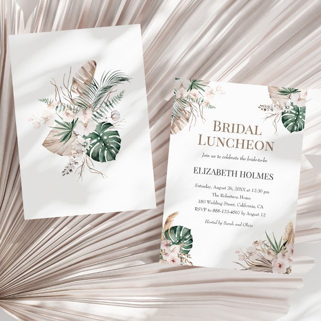 Convites Convocação para o Luncheon Boho Tropical Orchid Br (Boho Tropical Orchid Bridal Luncheon Invitation on a sunny neutral dry palm leaf.)