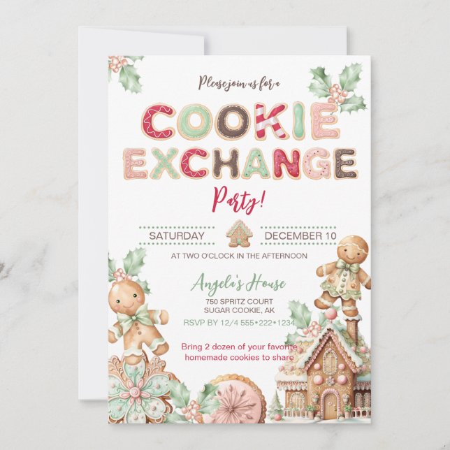 Convites Cookie Exchange Cookies Pão de Natal (Frente)