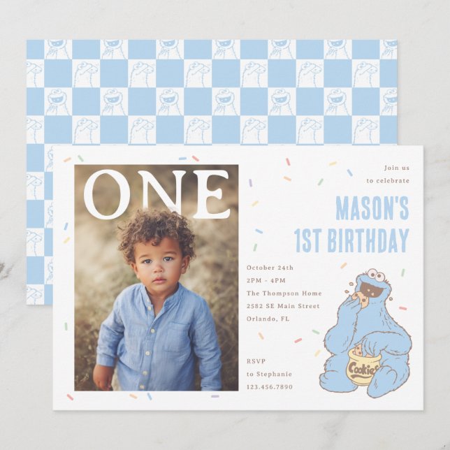 Convites Cookie Monster Blue Confetti First Birthday (Frente/Verso)