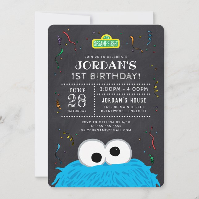 Convites Cookie Monster Chalkboard Confetti Aniversário (Frente)