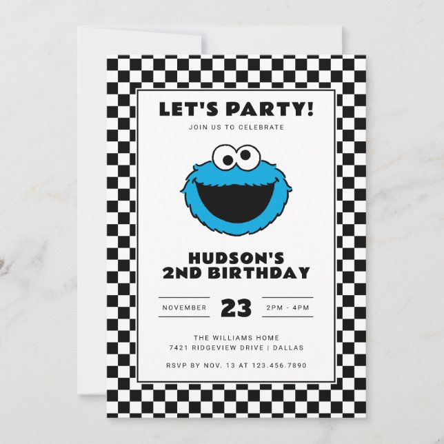 Convites Cookie Monster Checkerboard Birthday (Frente)