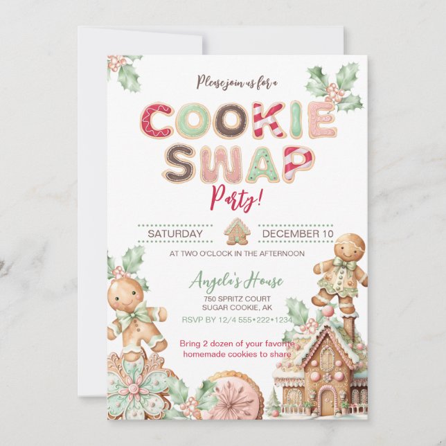 Convites Cookie Trocar Biscoitos de Natal Gingerpão (Frente)
