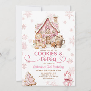 Convites Cookies & Cocoa Aniversário Flocos de Neve Rosa Fe