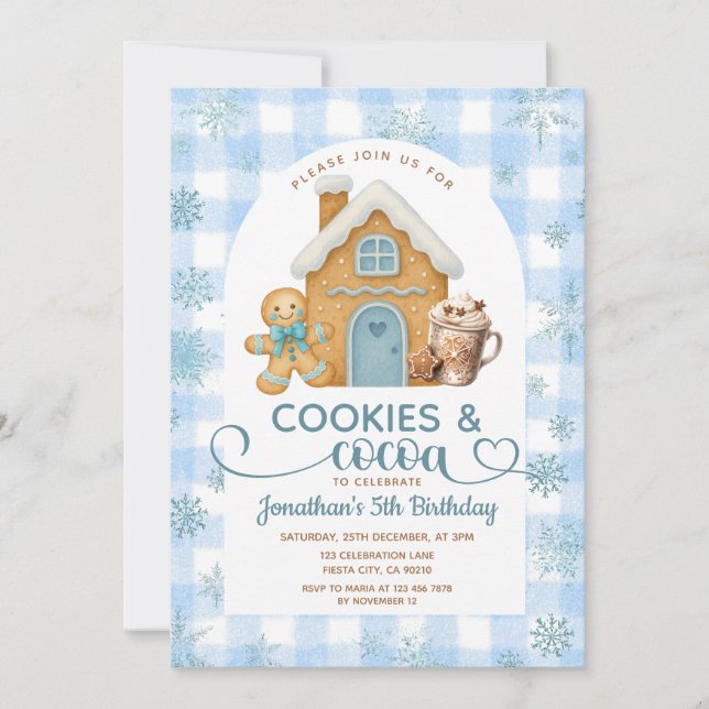 Convites Cookies & Cocoa Birthday Blue Snowflakes Gingham (Frente)