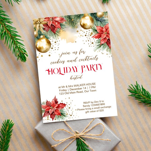 Convites Cookies e cocktails janto de Natal (Cookies and cocktails Christmas holiday party editable template invitation digital download gold red)