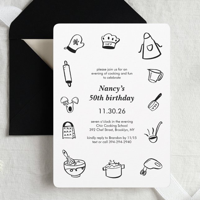 Convites Cooking Birthday Party Hand Drawn Chef Minimalist  (Criador carregado)