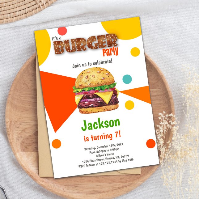 Convites Cookout divertido ou placa de festa de CHURRASCO p (Orange Burger Birthday Invitations)