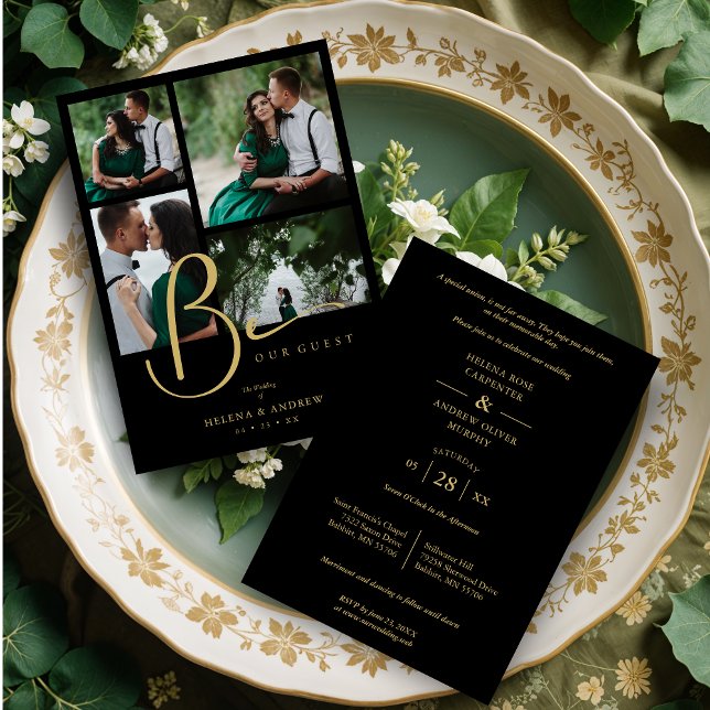 Convites Cool Black Trendy 4 Multi Photos Collage Wedding (Cool Black Trendy 4 Multi Photos Collage Wedding Invitation Card with Envelope.)