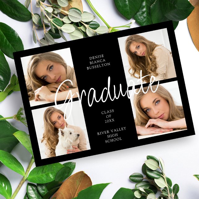 Convites Cool Black Trendy Collage Graduate 4 Multi Photos (Criador carregado)