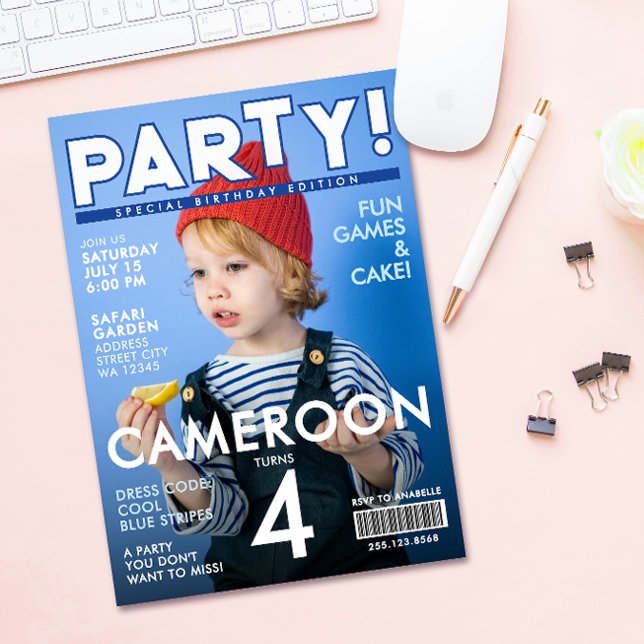Convites Cool Fun Blue Special Magazine Cover Kids Birthday (Criador carregado)