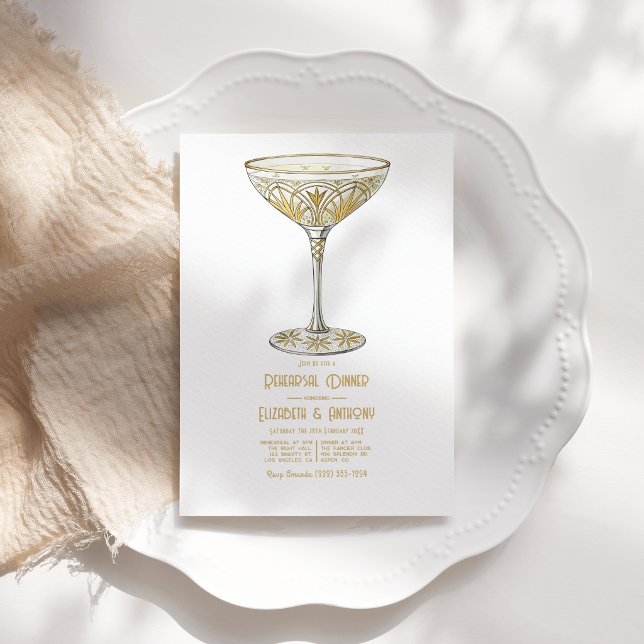 Convites Copo de Martini Dourado Jantar de Ensaios Art Déco (Gold Martini Glass 1920s Art Deco Rehearsal Dinner Invitation)