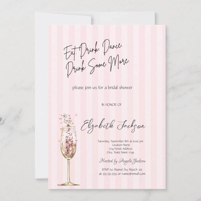 Convites Copo de Vinho Chic Confete Listrado Rosa  (Frente)