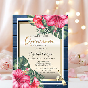 Convites Copo de vinho,Quinceanera de madeira azul hibisco
