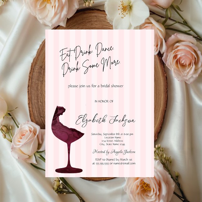 Convites Copo de vinho tinto chique com listras rosa  (Criador carregado)