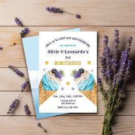 Convites Copos De Sorvete Azul Para Dois Rapazes Gêmeos De 