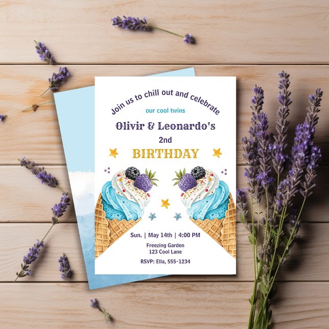 Convites Copos De Sorvete Azul Para Dois Rapazes Gêmeos De  (Criador carregado)