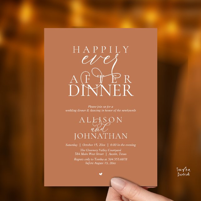 Convites Copper Brown Jantar Felizes para Sempre Casamento (Terracotta Copper Happily Ever After Dinner Modern Script Wedding Invitation Card)