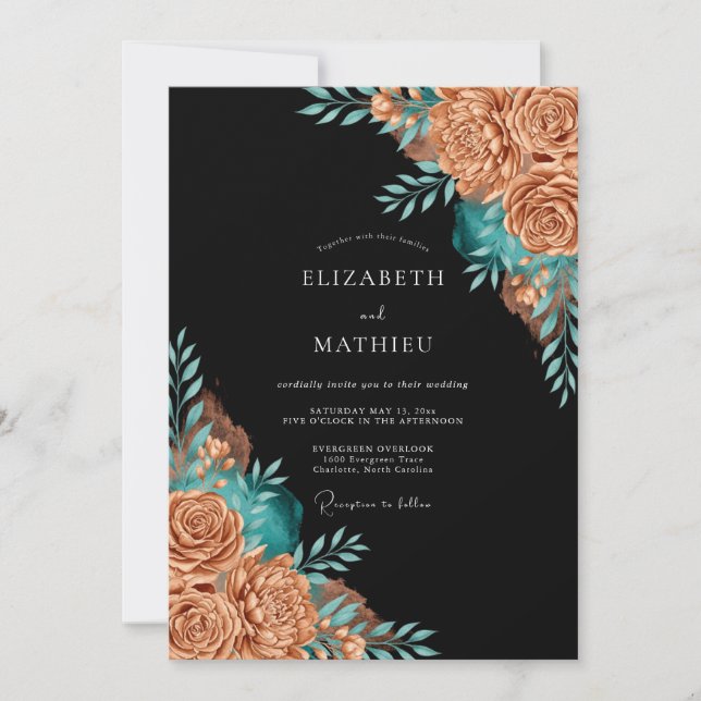 Convites Copper Teal Floral Whimsy Wedding (Frente)