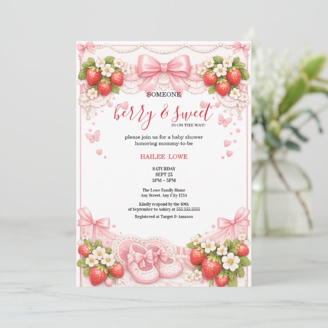 Convites Coquete Berry Doce Morango Baby Shower Rosa (Em pé/Frente)