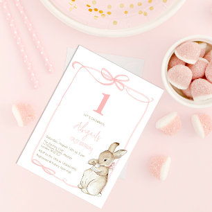 Convites Coquete Coelha Rosa Menina 1º Aniversário