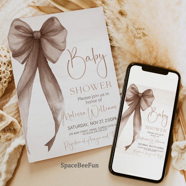 Convites Coquete do Chá de fraldas do arco (Bow Baby Shower Invitation, Boho Baby Shower Invite, Gender Neutral Baby Shower, Coquette Baby Showe)