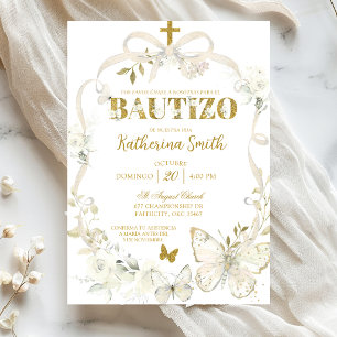 Convites Coquete Floral Branco Borboleta Batismo Espanhol