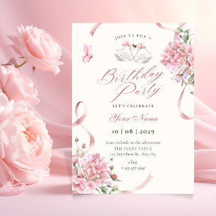 Convites Coquete Floral Laço Rosa Vintage aniversário