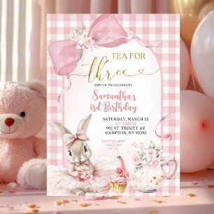 Convites Coquete Gingham Rosa Coelho Floral Terceiro Aniver