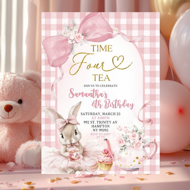Convites Coquete Gingham Rosa Coelho Quarto Aniversário (Criador carregado)