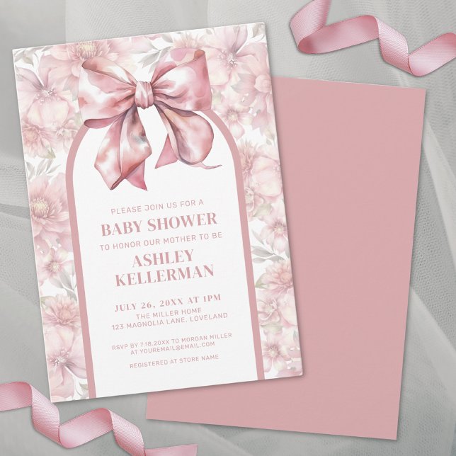 Convites Coquete Laço Floral Rosa Chá de Bebê Menina (Coquette Floral Bow Pink Girl Baby Shower Invitation)