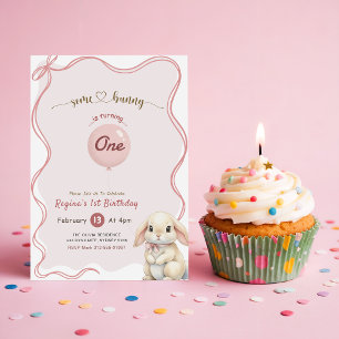 Convites Coquete Laço Rosa Alguns Coelhinhos 1º Aniversário