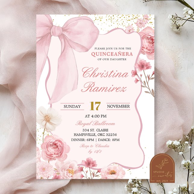 Convites Coquete Laço Rosa Floral Quinceanera (Criador carregado)