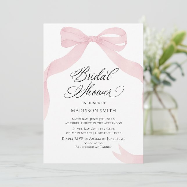 Convites Coquete pink bow Bridal Shower invitation (Em pé/Frente)