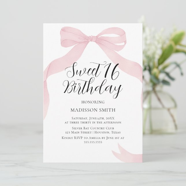 Convites Coquete pink bow Sweet Sixteen invitation (Em pé/Frente)