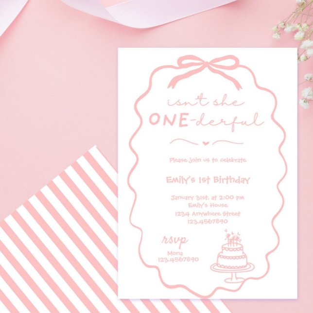 Convites Coquete primeiro aniversario de Arco Rosa-Rosa (coquette bow, pink bow, watercolor, hand drawn, pink coquette, blush,  baby girl, first birthday inv)