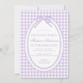 Convites Coquete Purple Gingham com Laço Festa de Aniversár