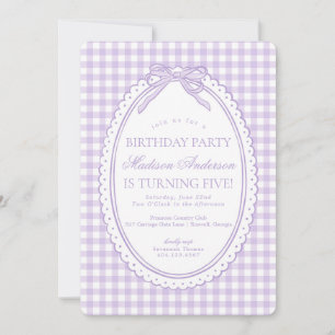Convites Coquete Purple Gingham com Laço Festa de Aniversár