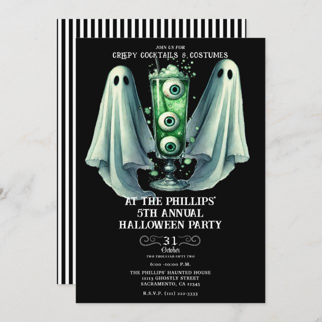 Convites Coquetéis assustadores e fantasias Ghost Halloween (Frente/Verso)