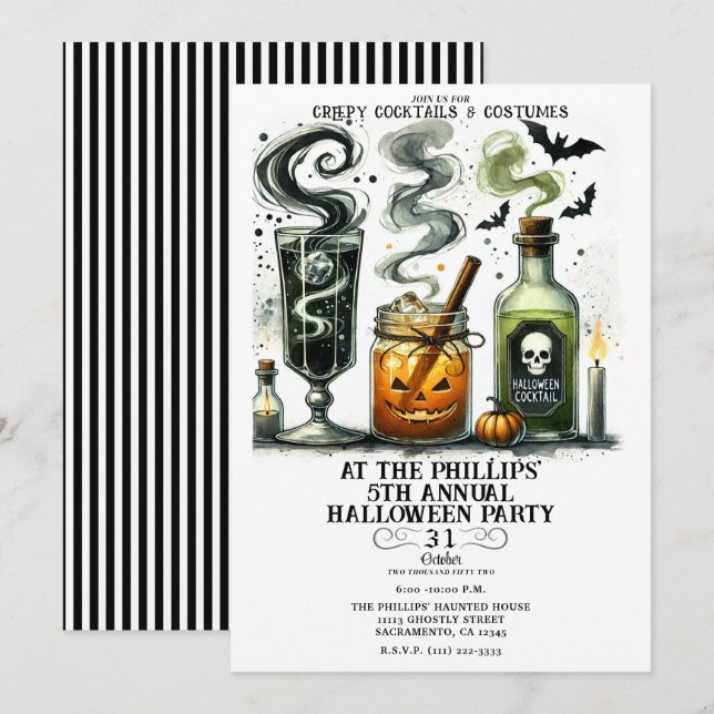 Convites Coquetéis Assustadores e Fofos Festa de Halloween (Frente/Verso)